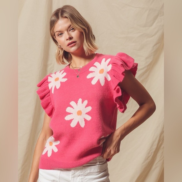 So Me Sweaters - So Me Fuchsia Daisy Flower Sweater Top With Flutter Sleeves